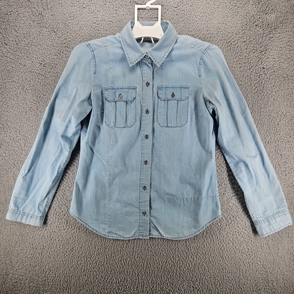 New York & Company Womens Blue Denim Long Sleeve Button Down Shirt Size S